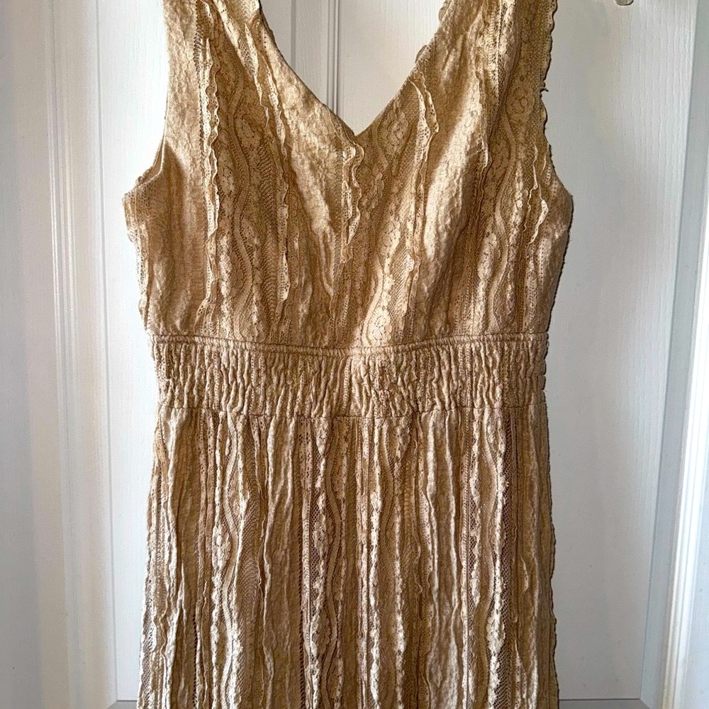Dressbarn Tan Bohemian High Low Tiered Lace Sundress Size 8 - Picture 5 of 14